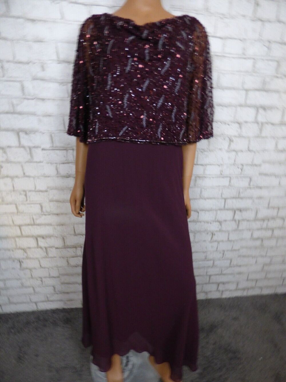 Jkara Wine Purple Chiffon Cowl Neck Beaded Cape Gown 12P NEW